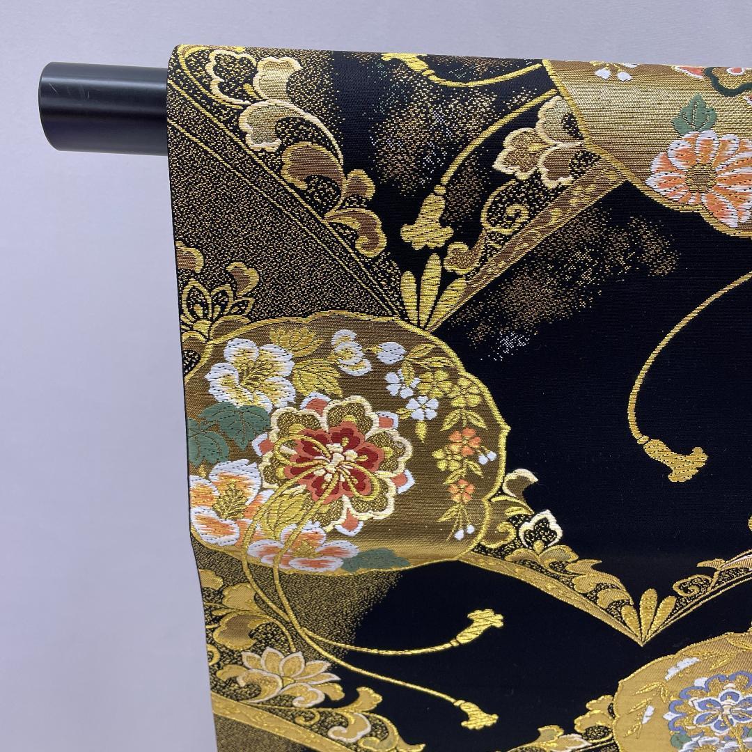 Y★3533★ 振袖用 袋帯 正絹 豪華 黒地 金糸 結婚式 成人式
