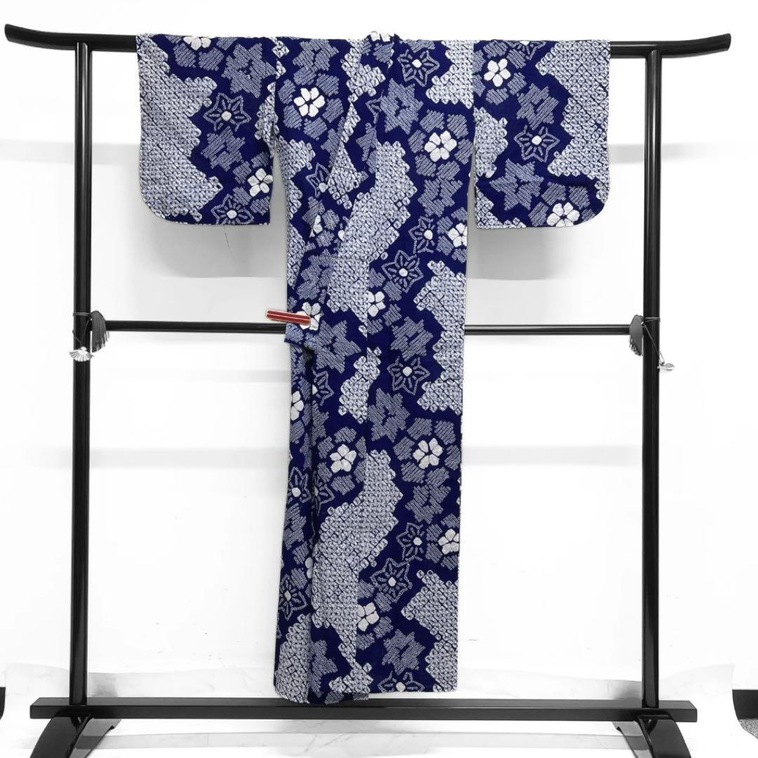 浴衣　有松鳴海絞り　花模様　楓　鹿の子　ネイビー　着物　034a d