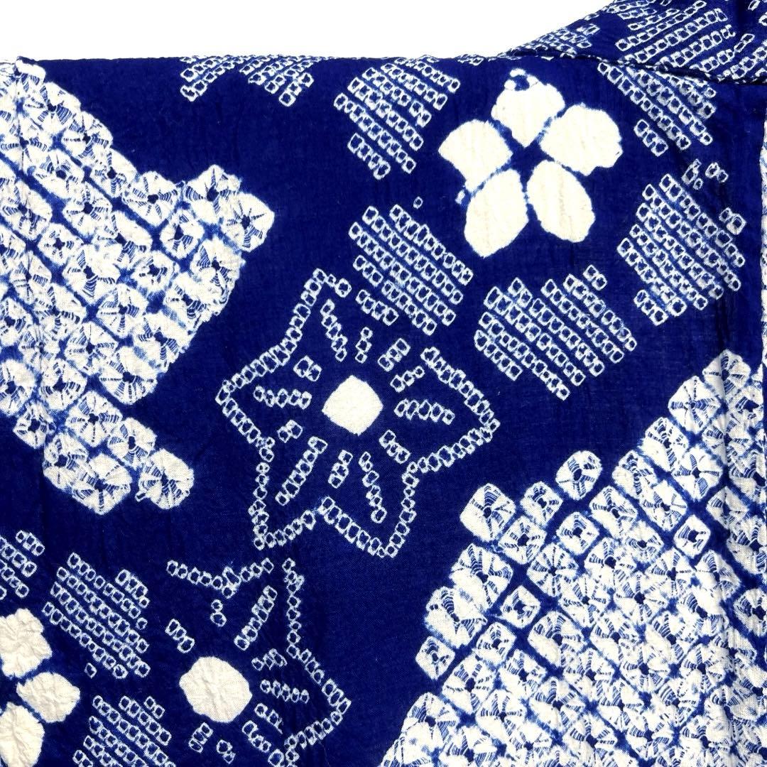 浴衣　有松鳴海絞り　花模様　楓　鹿の子　ネイビー　着物　034a d
