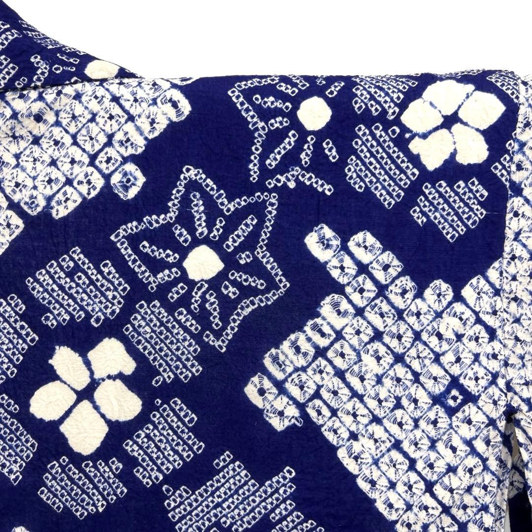 浴衣　有松鳴海絞り　花模様　楓　鹿の子　ネイビー　着物　034a d