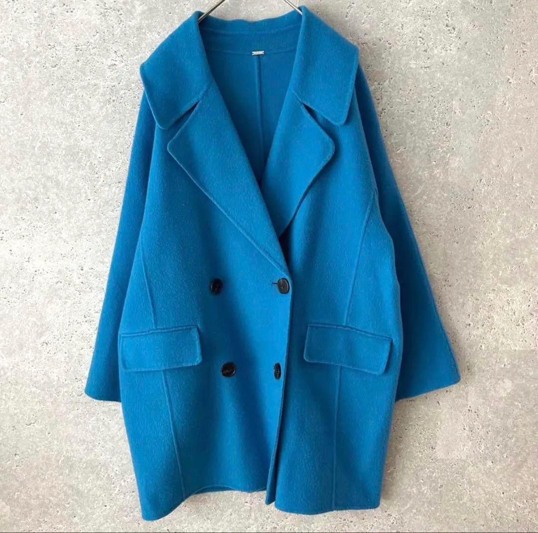 Mila Owen フラップポケットハーフ丈コクーン接結コート　ブルー