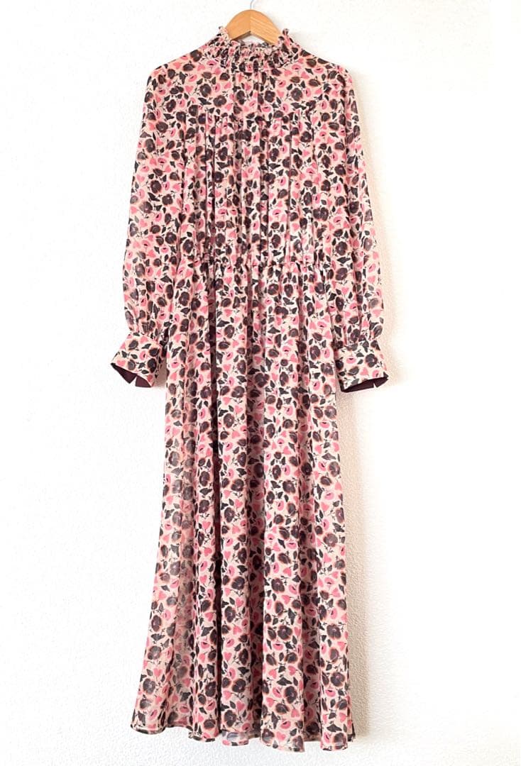 アナイ 36 パンジー柄　シャーリング　ロングワンピース