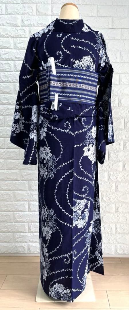 【超超美品】浴衣 夏着物 単衣 普段着物 紺色藍色花柄 木綿 裄長 トールサイズ