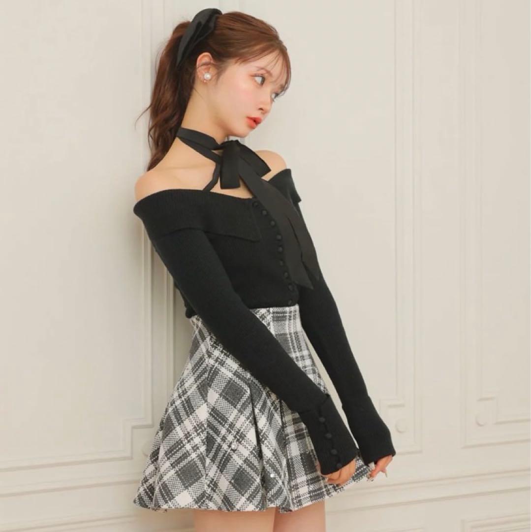 M me eme ビジューチェックフレアミニスカート グレー