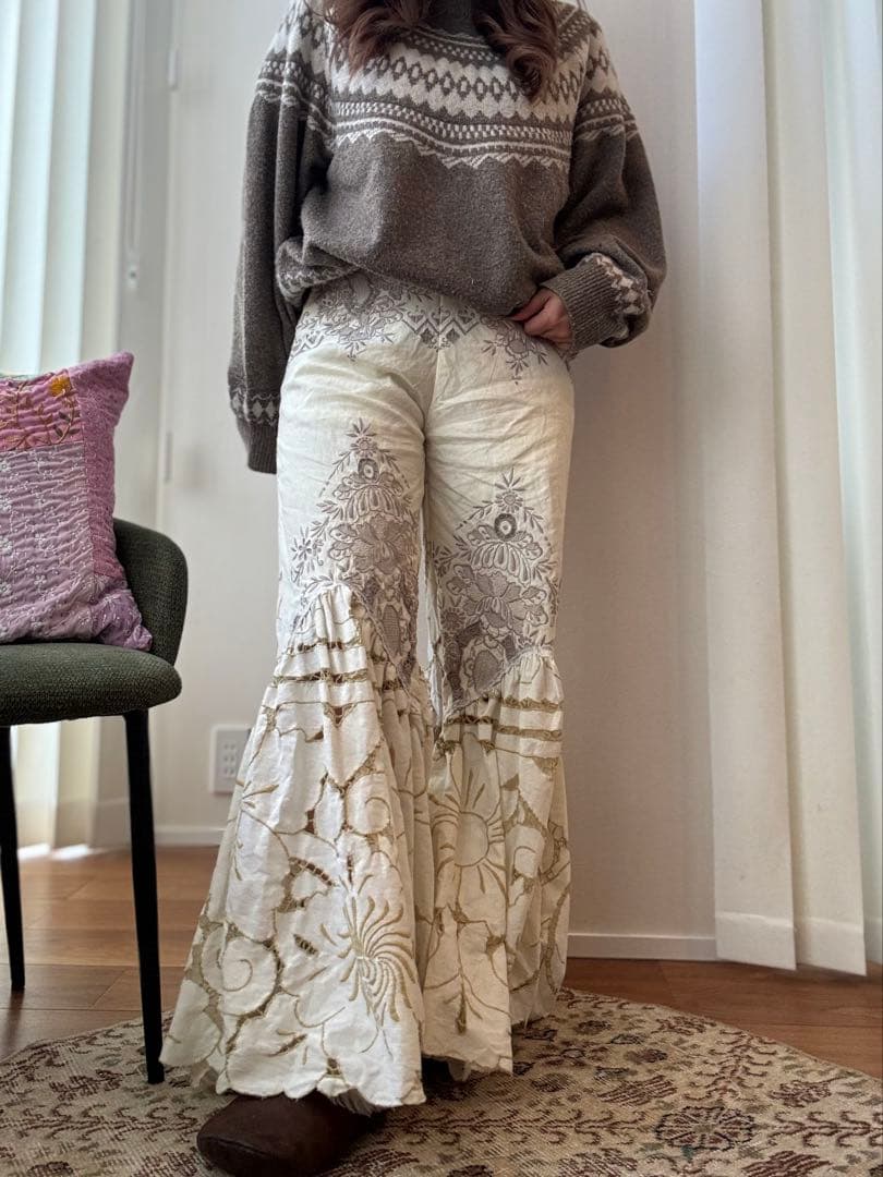 【ゆうりん】アイボリー リメイク フレアパンツ ビンテージクロス レース