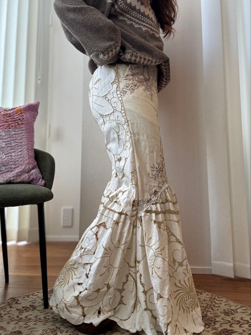 【ゆうりん】アイボリー リメイク フレアパンツ ビンテージクロス レース