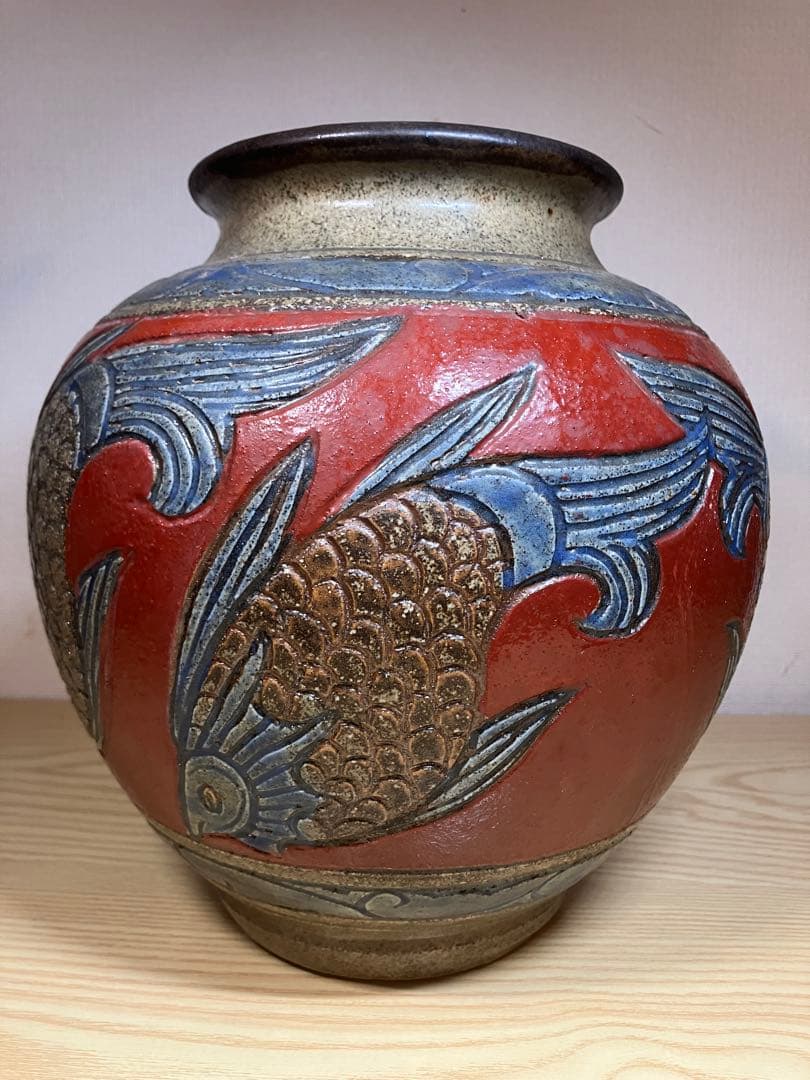 小橋川清正 壺屋焼 赤絵 魚紋 壷 花瓶 花入 花生 沖縄