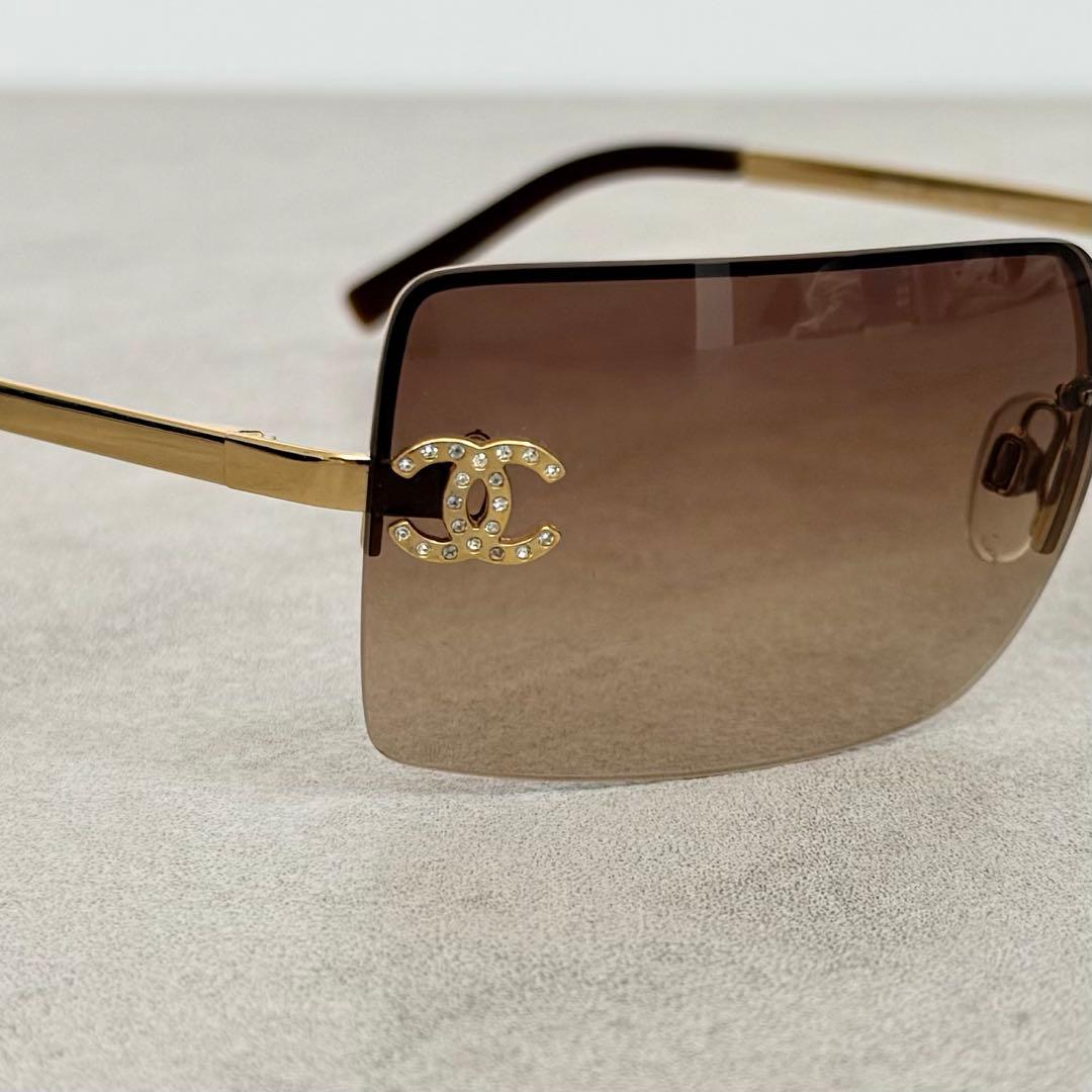 美品 CHANEL サングラス リムレス 4092-D ブラウン ラインストーン