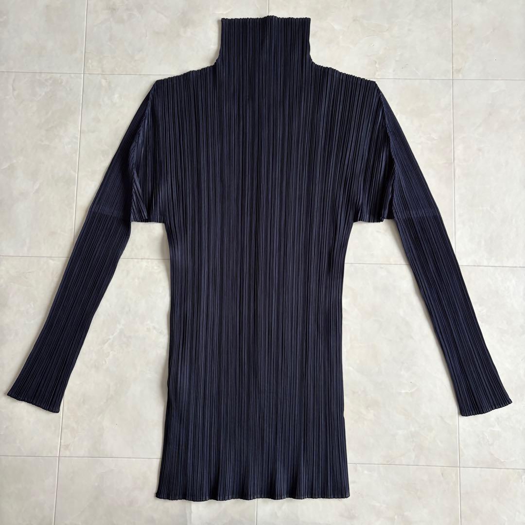 PLEATS PLEASE プリーツ ハイネック長袖 ネイビー 4 伸縮トップス