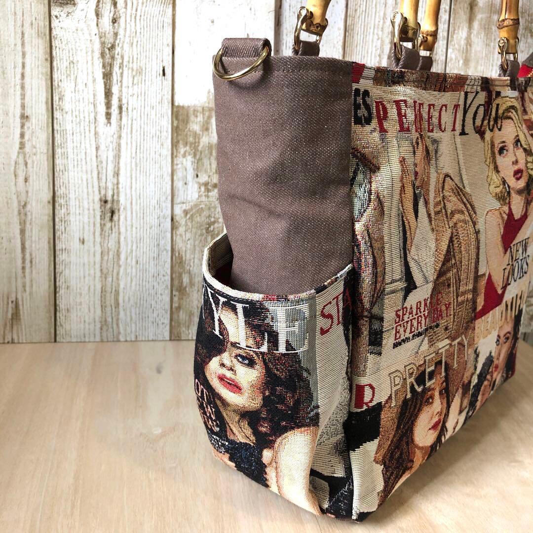 トートバッグ　ハンドメイド　デニムリメイク　ブラウン×レッド　バンブー【新品】