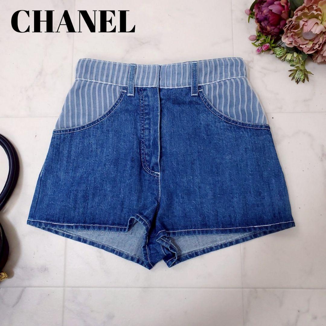 美品✨シャネル デニムショートパンツ プリーツチュール ココボタン ブルー