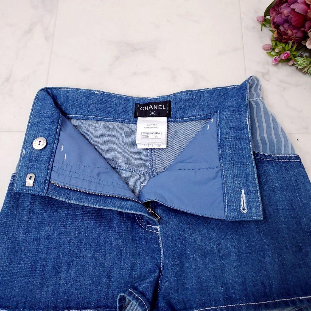美品✨シャネル デニムショートパンツ プリーツチュール ココボタン ブルー