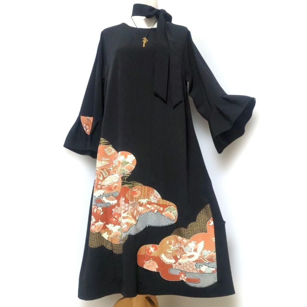 舞鶴刺繍 小槌と道具 留袖リメイクフレアドレス