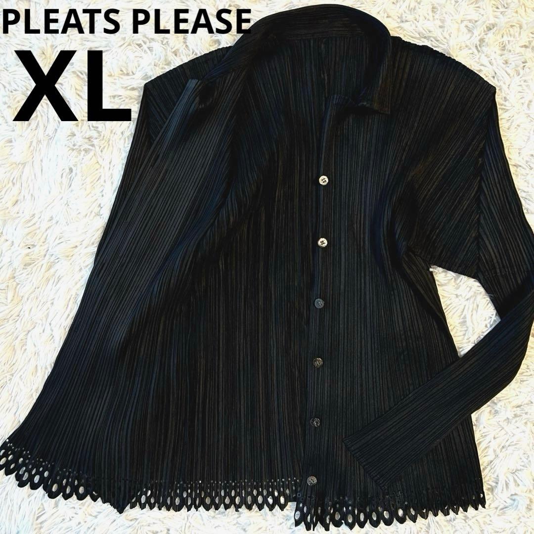 プリーツプリーズ イッセイミヤケ 長袖ブラウス シャツ スカラップ裾 ブラック