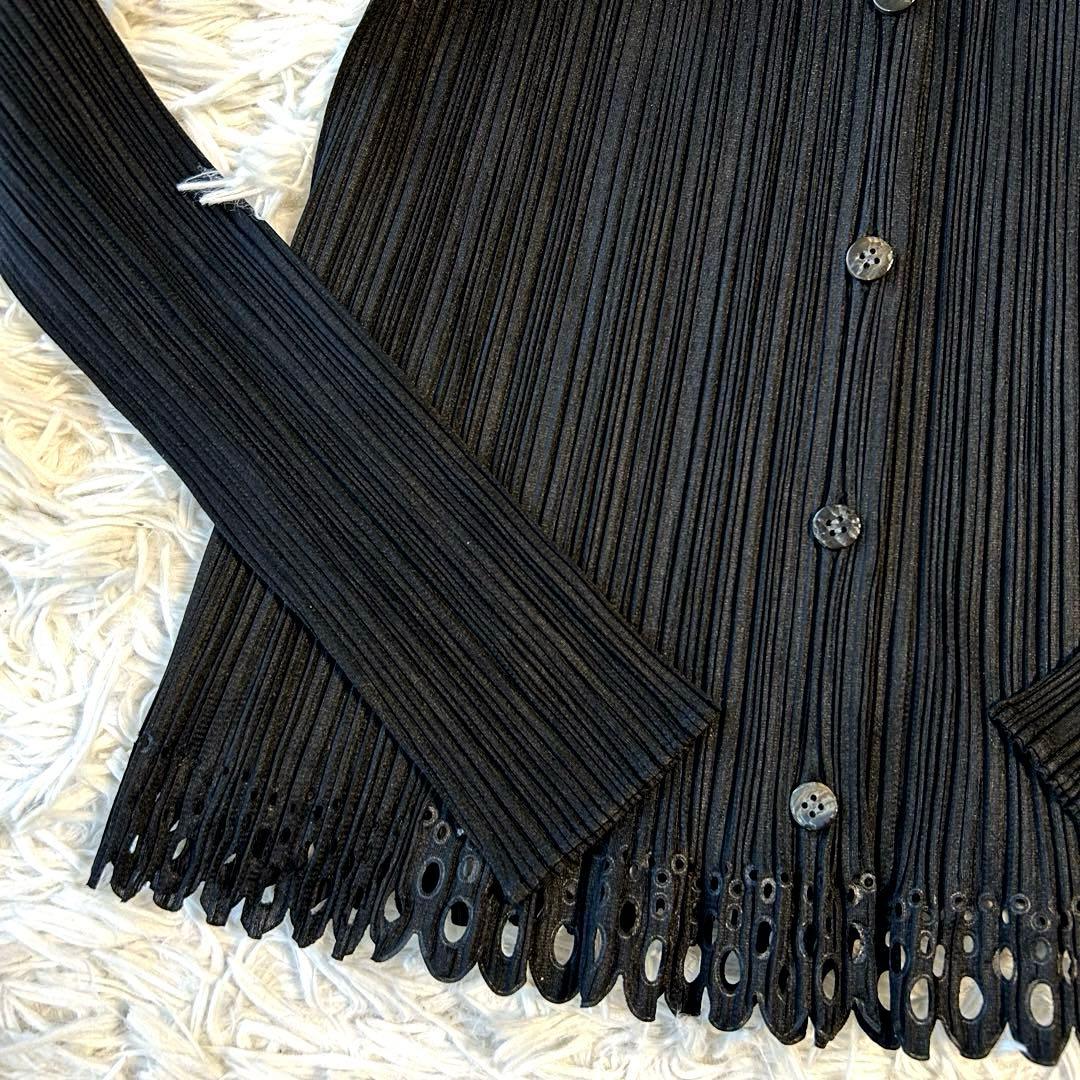 プリーツプリーズ イッセイミヤケ 長袖ブラウス シャツ スカラップ裾 ブラック