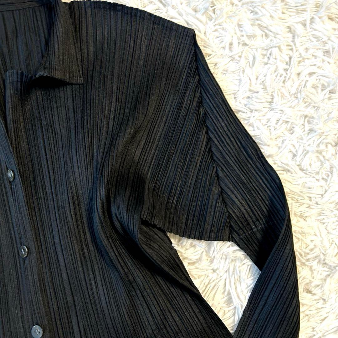 プリーツプリーズ イッセイミヤケ 長袖ブラウス シャツ スカラップ裾 ブラック