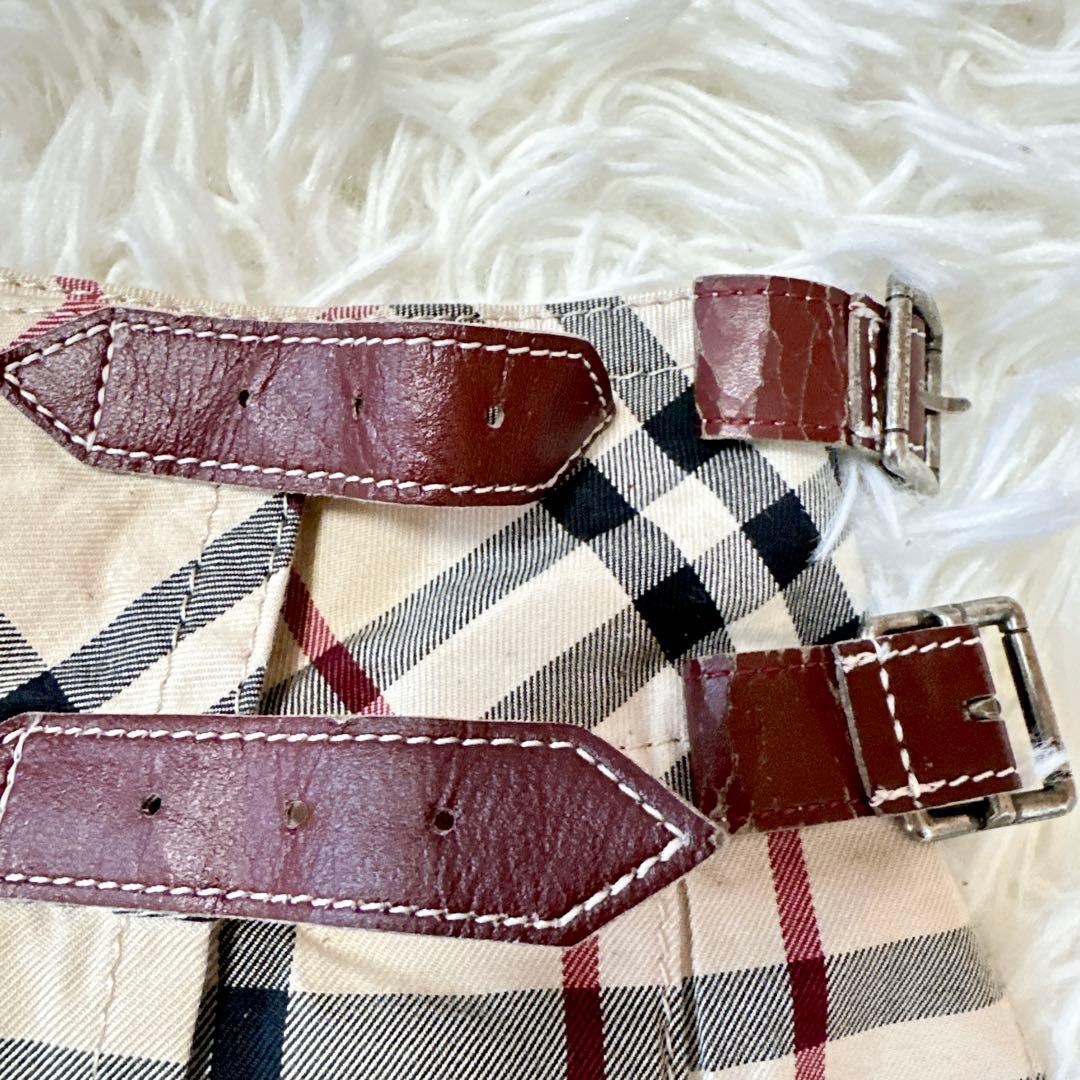 バーバリーブルーレーベル プリーツミニスカート ノバチェック 革ベルト