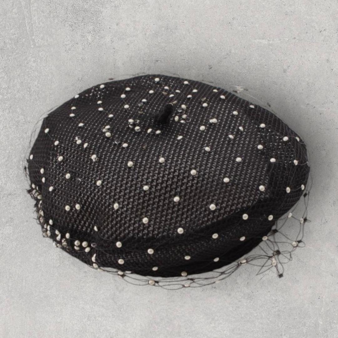 未使用　Dior　ディオール　メッシュ　パール　ベレー帽　ブラック