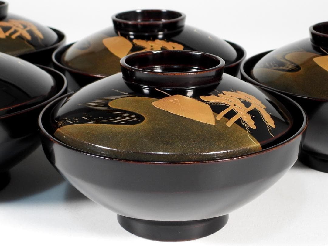 金蒔絵　風景図　木製漆器 輪島　汁椀蓋碗5客セット　吸物碗
