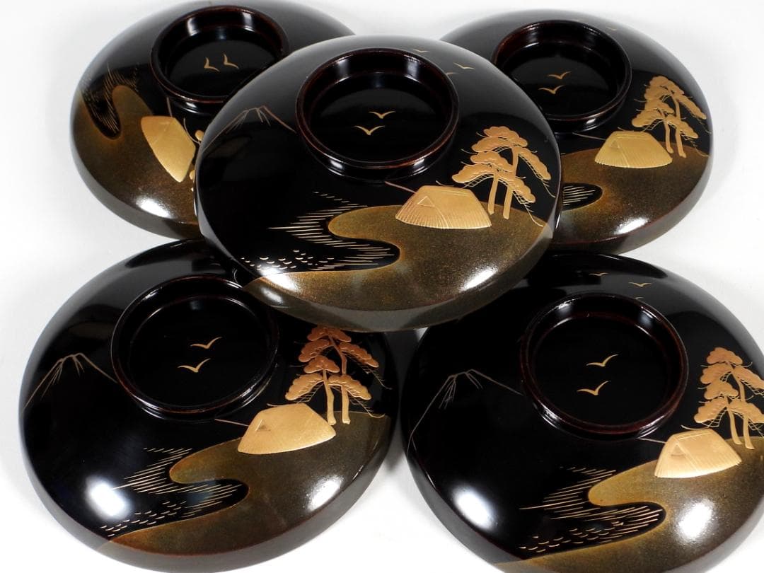 金蒔絵　風景図　木製漆器 輪島　汁椀蓋碗5客セット　吸物碗