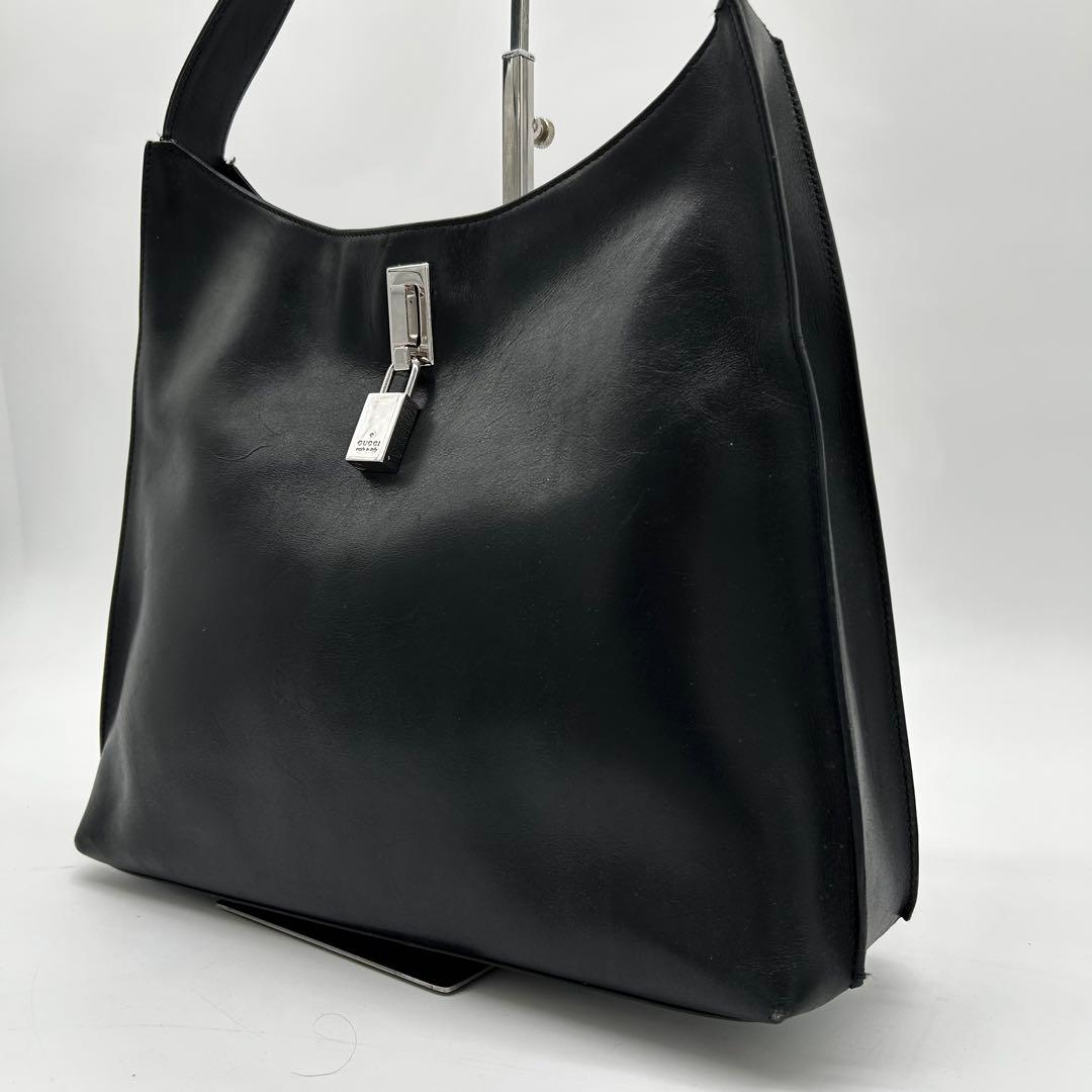 【美品】グッチ ワンショルダー バッグ 南京錠 シルバー金具 レザー 黒