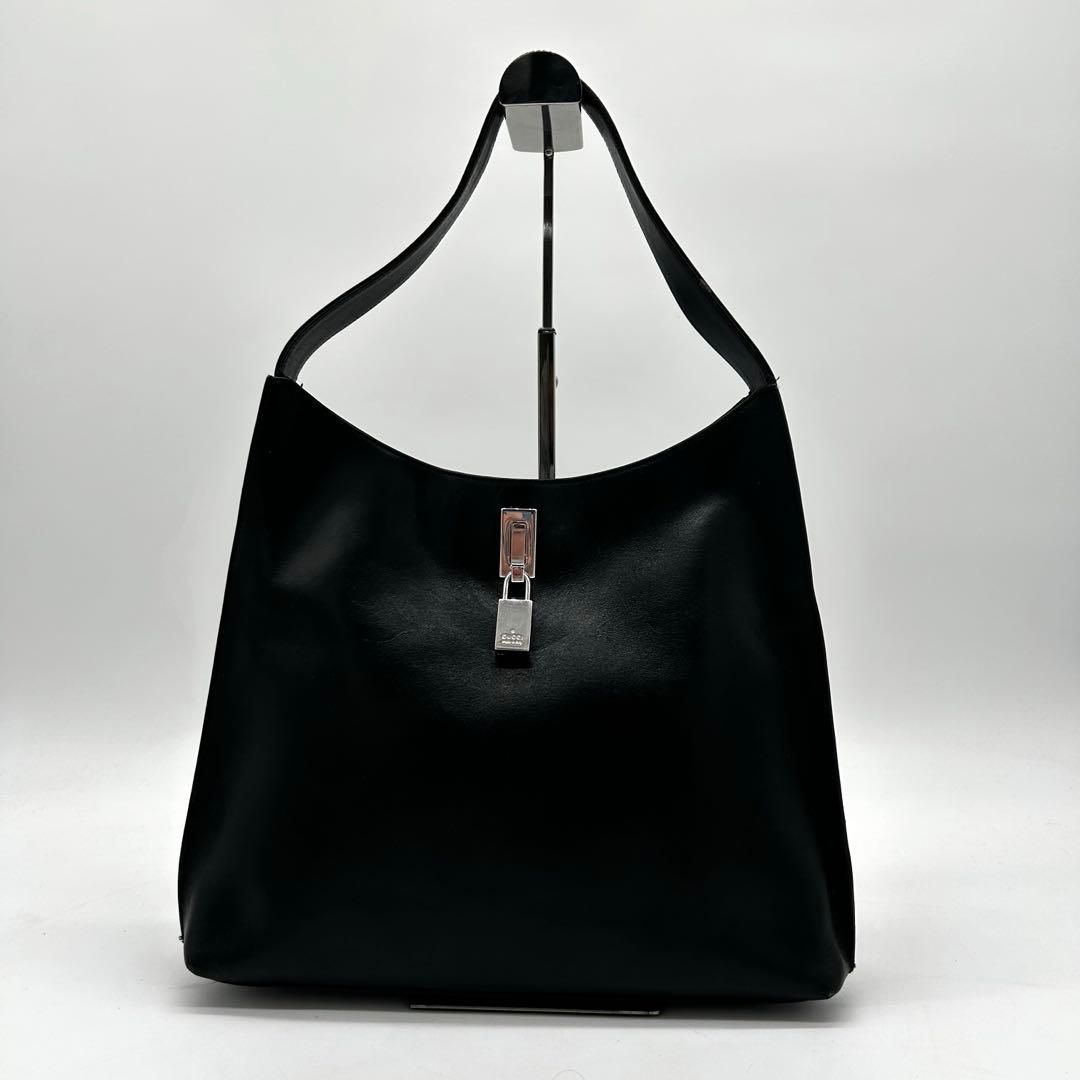 【美品】グッチ ワンショルダー バッグ 南京錠 シルバー金具 レザー 黒