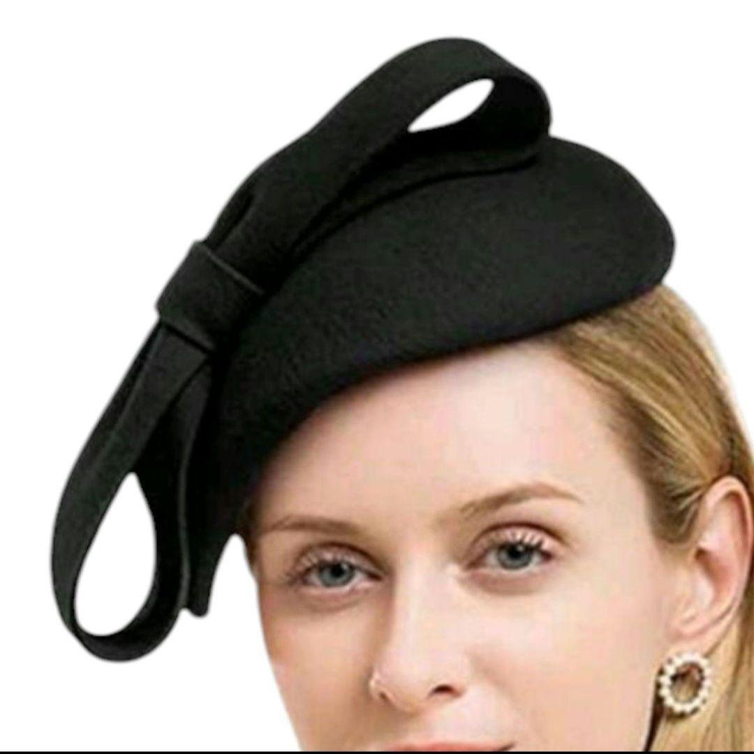 2点セット大リボン冬帽子ヴィンテージ調ピルボックス帽日常ヘッドピースフェルト赤黒