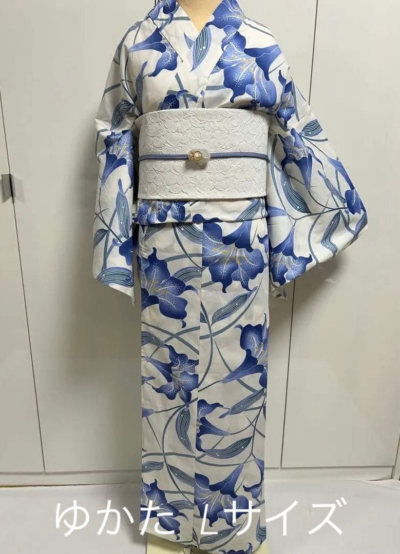 浴衣 ゆかた帯のセット販売白地にブルー 百合 ゆり 花柄 Lサイズ