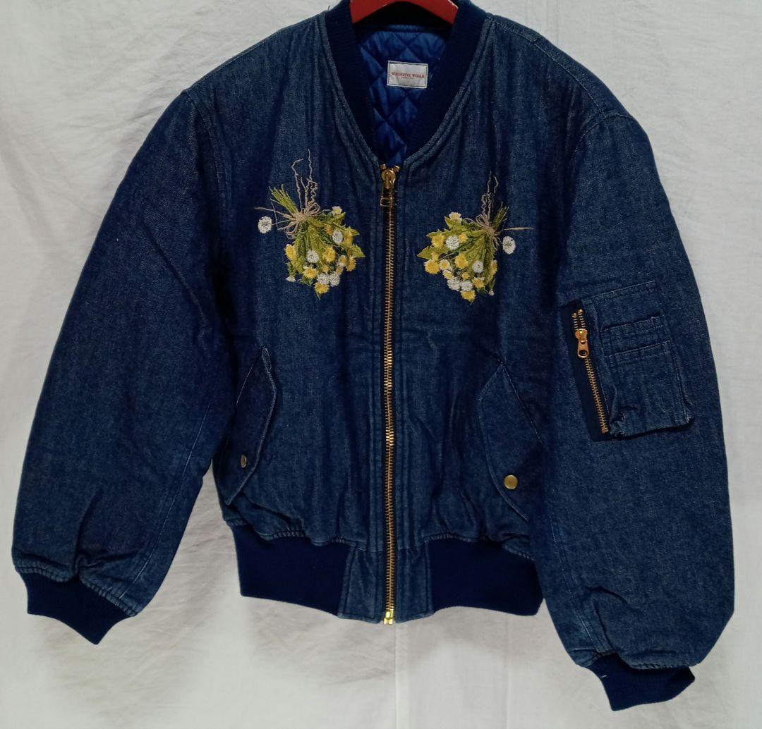 茉*華様 ワンダフルワールド デニムブルゾン キルティング リブ たんぽぽ刺繍