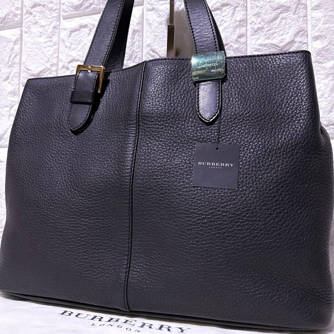 A4【未使用級】バーバリー ビジネスバッグ シボ革 3層 ゴールド金具 ブラック