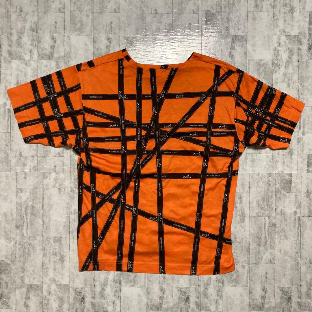 【HERMES】美品✨　エルメス　リボン柄　Tシャツ　オレンジ