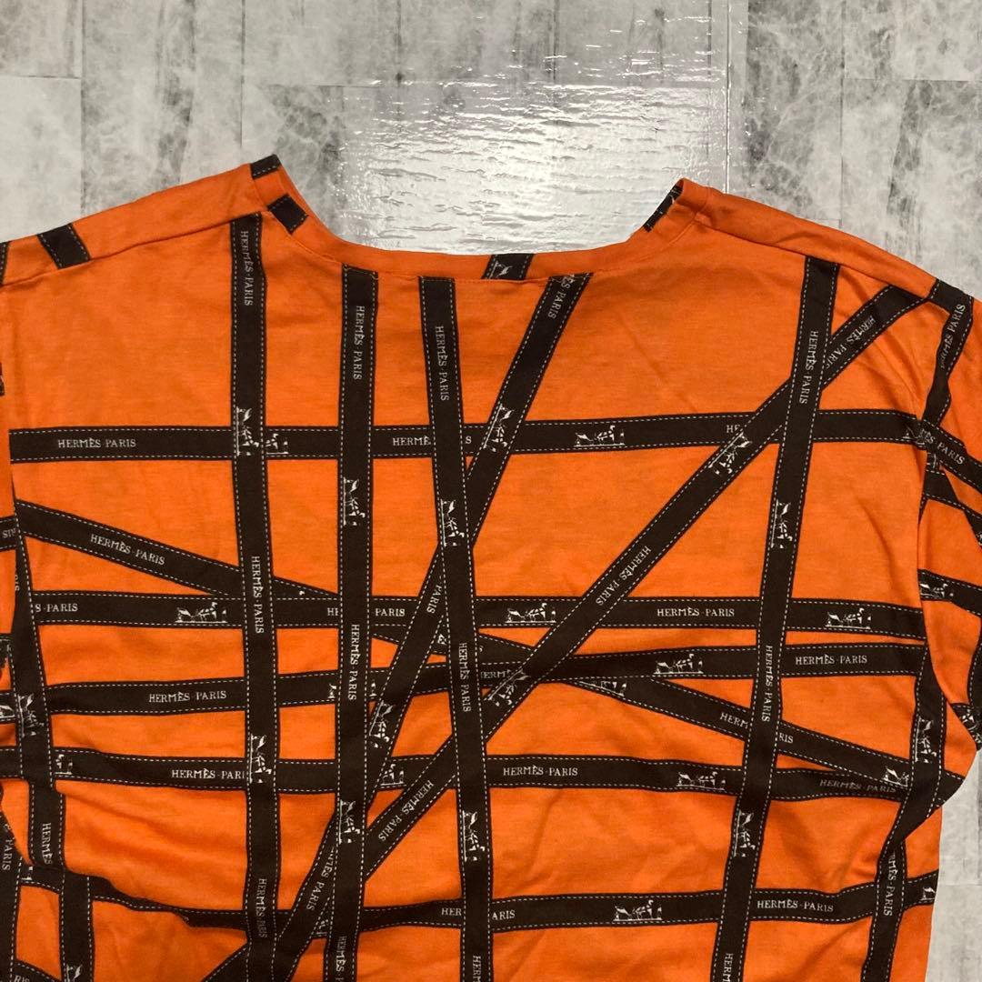 【HERMES】美品✨　エルメス　リボン柄　Tシャツ　オレンジ