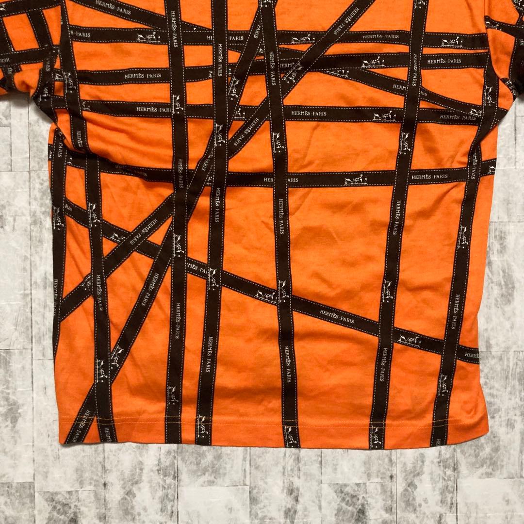 【HERMES】美品✨　エルメス　リボン柄　Tシャツ　オレンジ