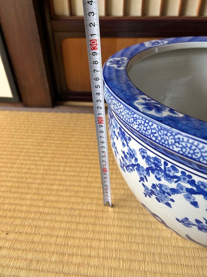 染付唐獅子牡丹花鳥図火鉢(直径約40.5cm) 火鉢　　メダカ鉢　金魚鉢