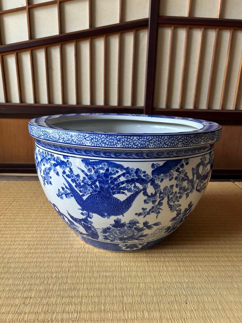 染付唐獅子牡丹花鳥図火鉢(直径約40.5cm) 火鉢　　メダカ鉢　金魚鉢