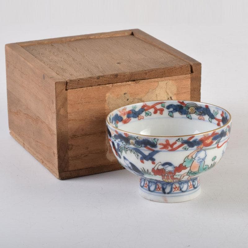 中国　大明萬歴年製款　五彩　神獣人物文　盃　ぐい呑　時代箱付　C　9167