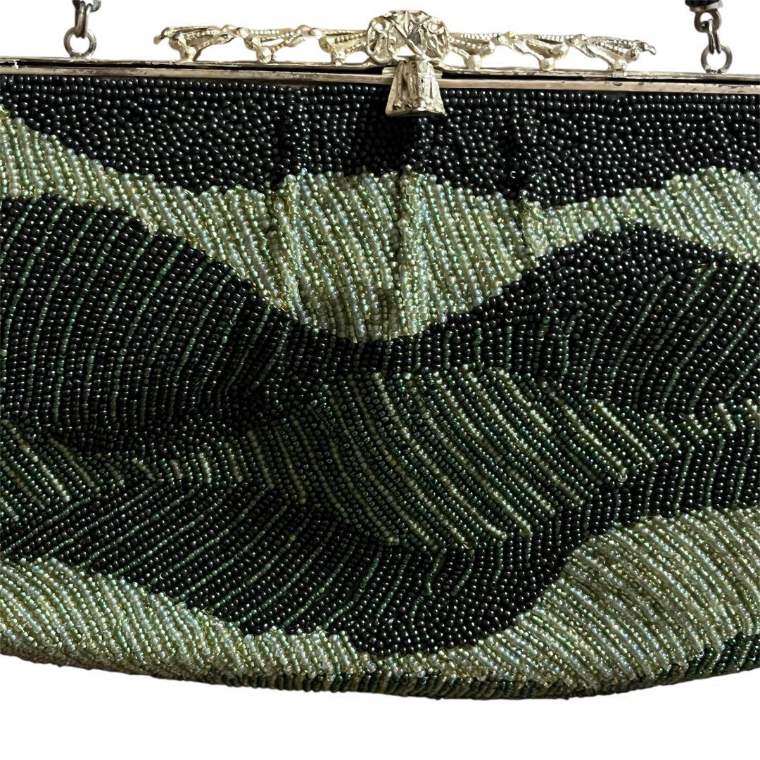 レトロ　アンティーク　ヴィンテージ 総ビーズバッグがま口和装グリーン