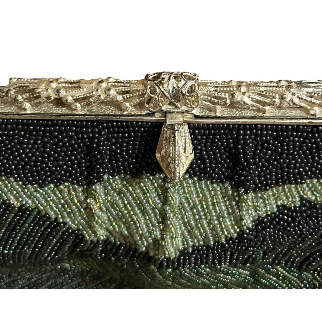 レトロ　アンティーク　ヴィンテージ 総ビーズバッグがま口和装グリーン