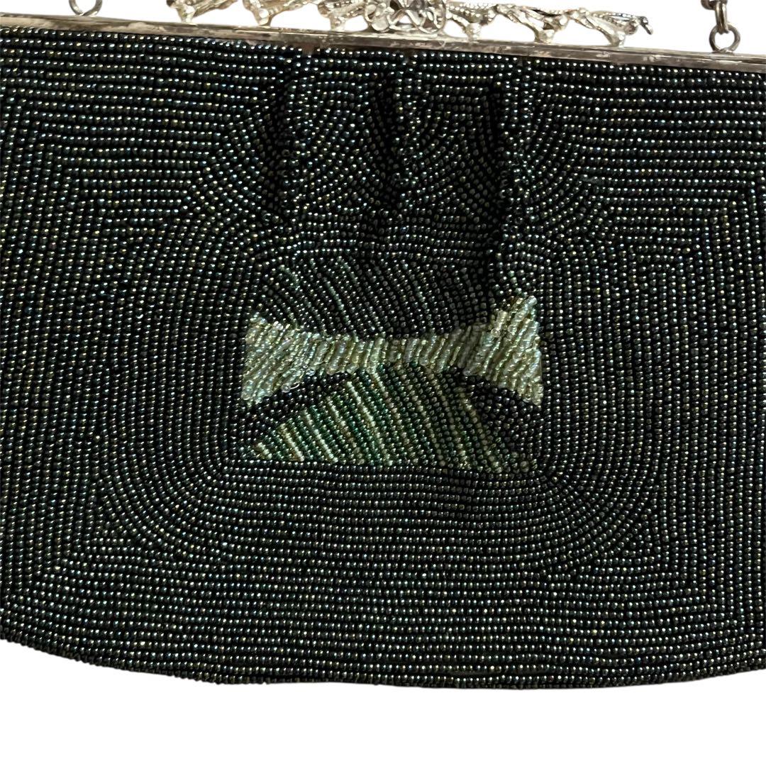 レトロ　アンティーク　ヴィンテージ 総ビーズバッグがま口和装グリーン