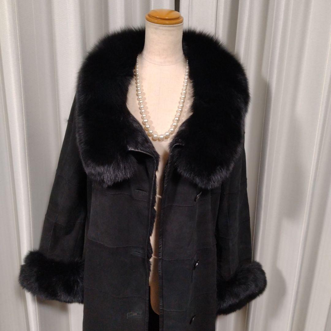 新品同様✩ブルーフォックス＆ラムレザー＆ラパン✩ファーコート✩柔らか✩ブラック