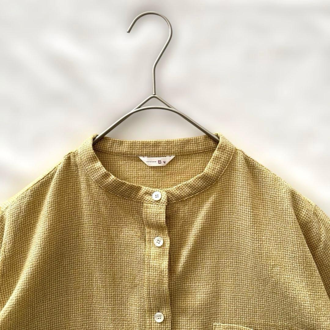 日々 小森縫製 ウール千鳥のスタンドカラーシャツ 千鳥格子 イエロー