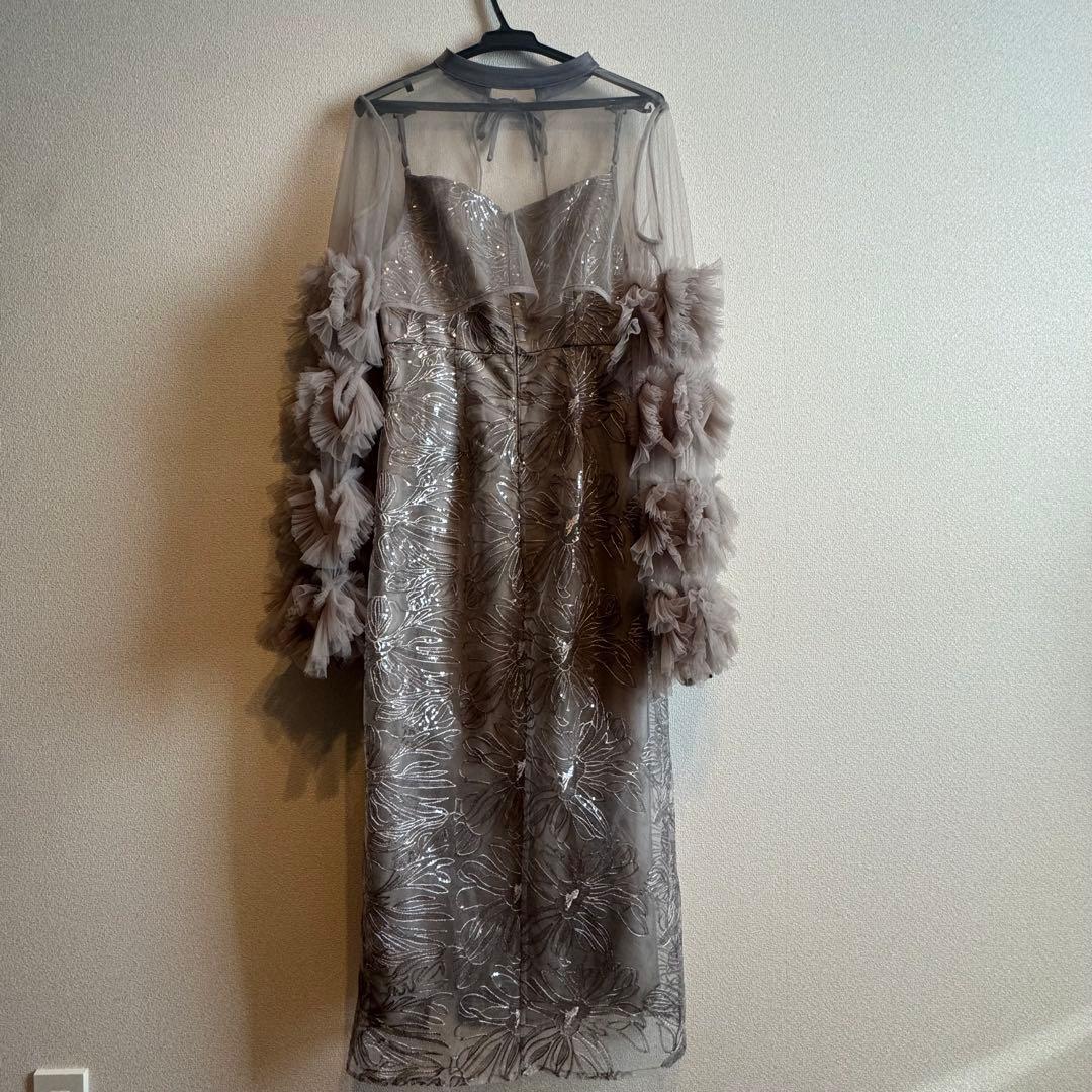 LEJA フリルチュールスリーブリボンIラインワンピースドレス