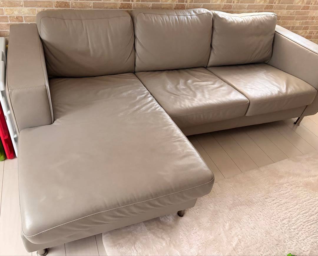 L字型レザーソファ グレー 3人掛け