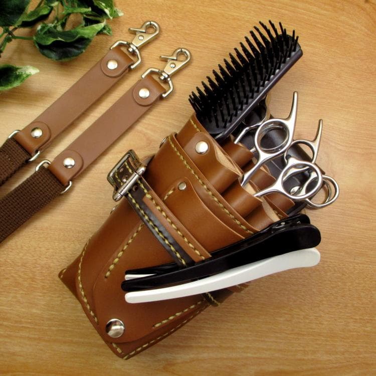 キャメル＆焦げ茶　６丁差し　本革シザーケース　SCA-150/CCA