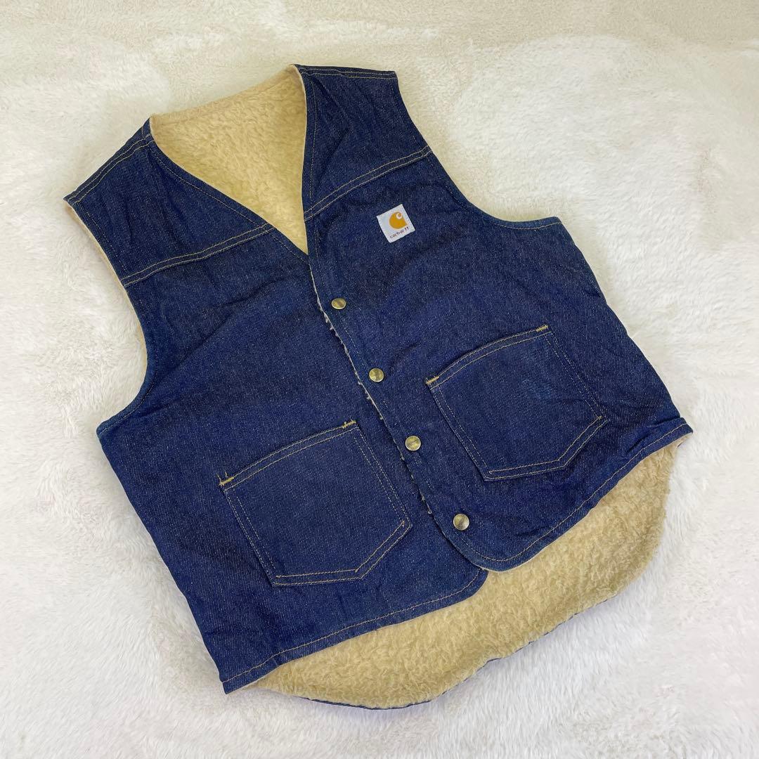 80s ヴィンテージ Carhartt【M】デニムベスト◆裏ボア 希少 星形タグ