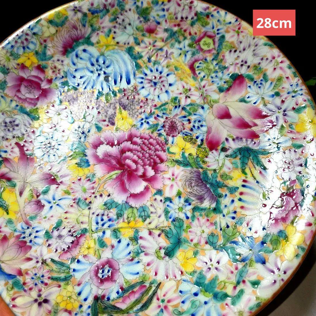 乾隆年製 中国美術 粉彩百花不落地/花詰 28cm 大皿 盛皿