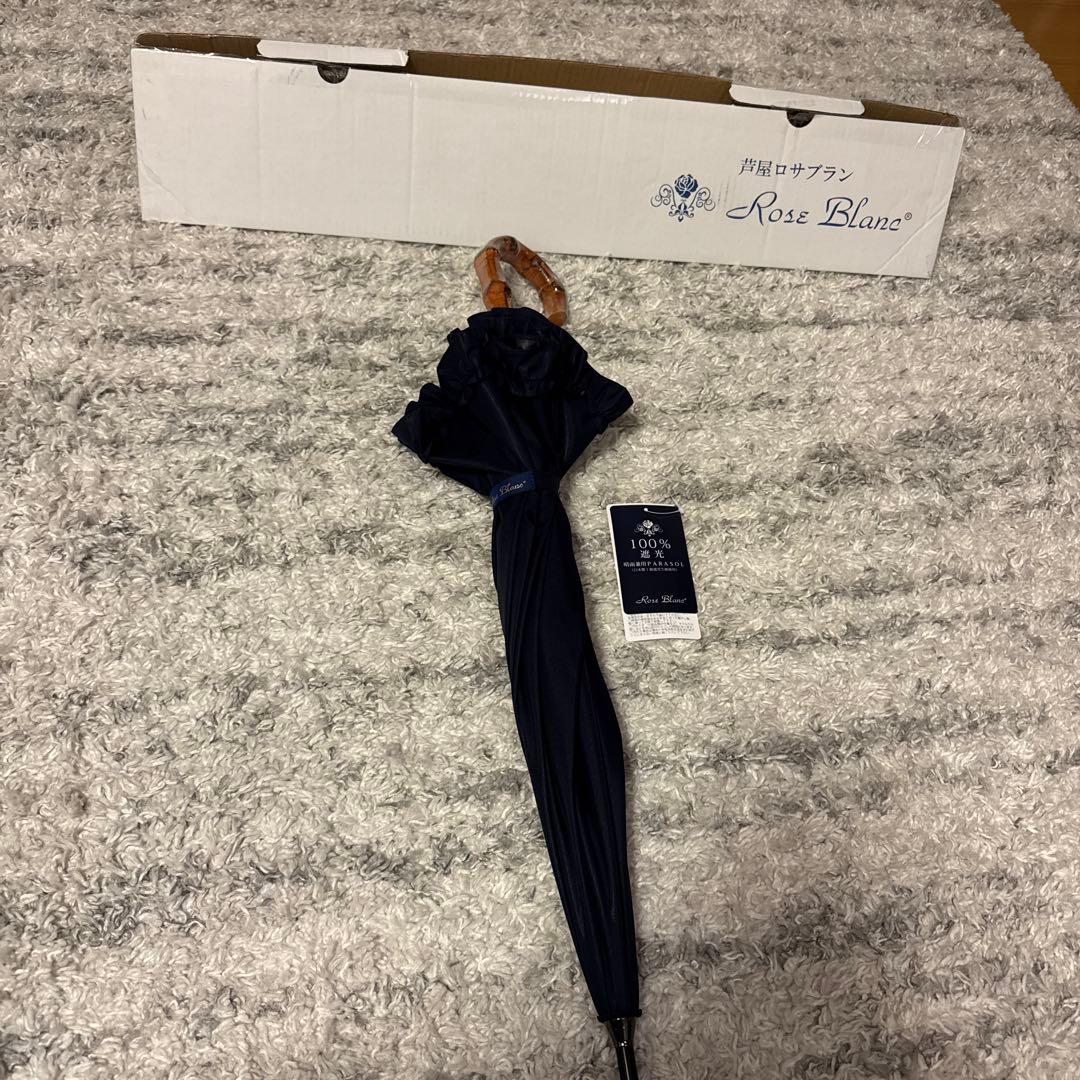 美品　Rose Blanc ネイビー 長傘　日傘　完全遮光100% 50cm