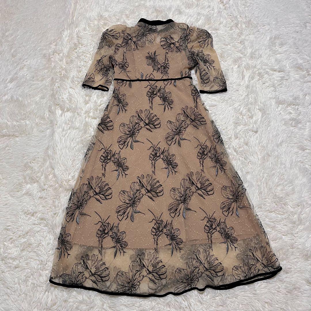 Leja 配色パイピング花柄刺繍ラメワンピースドレス ベージュ　S