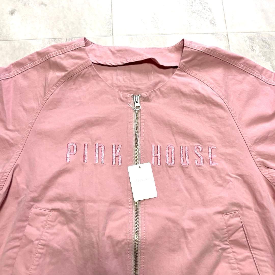 【未使用】ピンクハウス ノーカラージップアップジャケット 刺繍ロゴ L ピンク