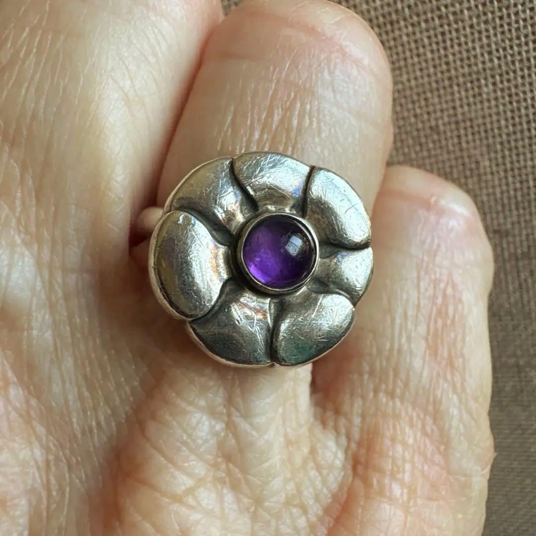 ジョージジェンセン アメジスト付き花形シルバーリング サイズ36